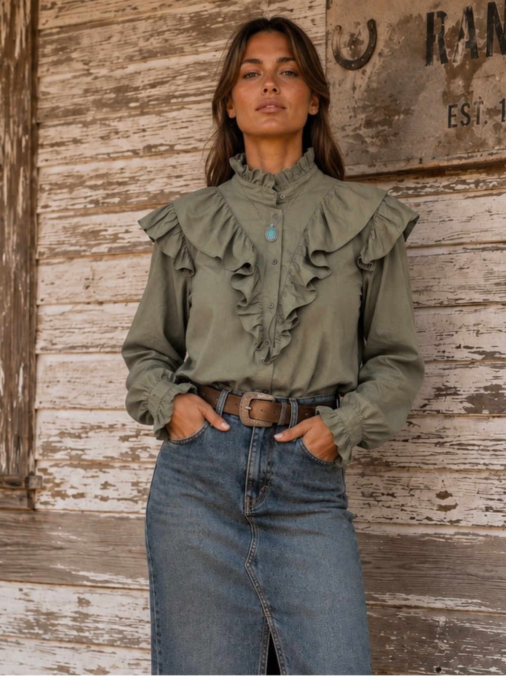 Karlie Olive Green Cotton Ruffle Button Front Blouse 100% Cotton